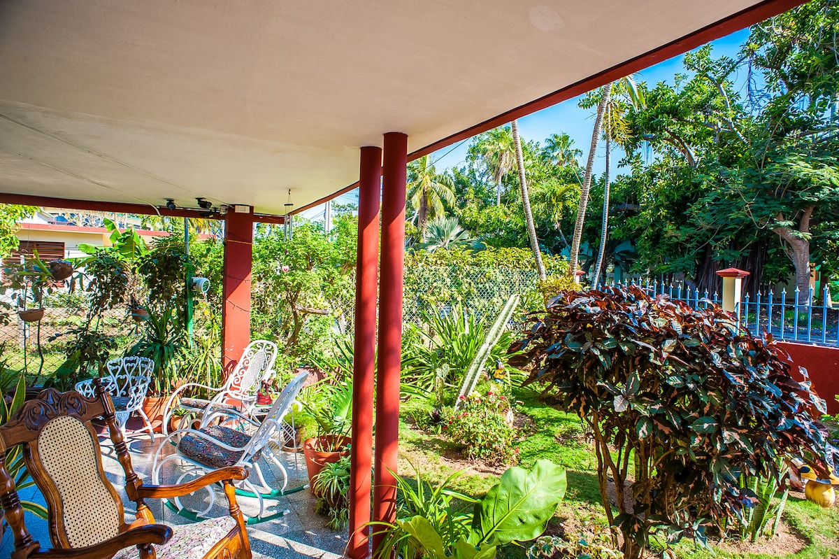 A shaded patio area features comfortable seating arrangements, surrounded by lush tropical greenery. Various plants and shrubs add to the tranquil ambiance, while the distant palm trees hint at a sunny backdrop. The inviting outdoor space offers a serene spot for relaxation.
