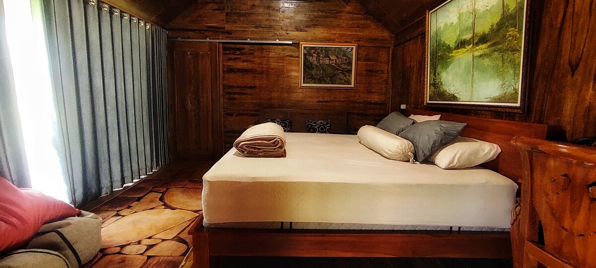 A calm sleeping area features a spacious bed with soft, neutral linens and two pillows. Light wood paneling surrounds the room, complemented by a scenic painting on the wall. Thick curtains frame the windows, enhancing the peaceful atmosphere.