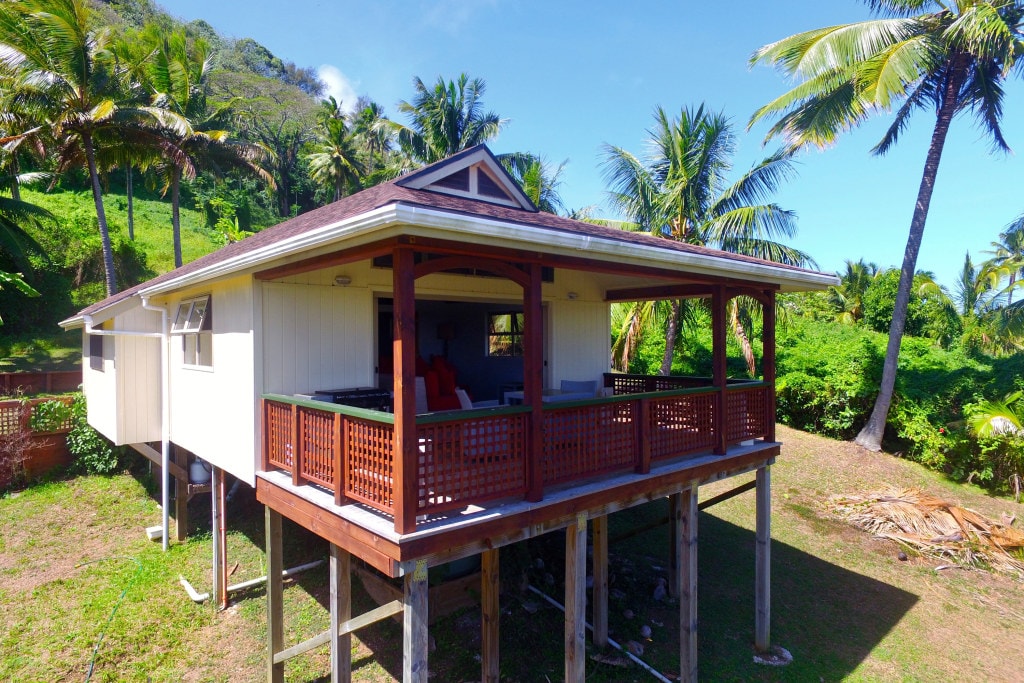 A charming house is elevated on stilts, surrounded by lush greenery and palm trees. A spacious veranda with wooden railings provides an inviting outdoor space, while large windows allow natural light to fill the interior. The hilltop location offers scenic views of the surrounding landscape.