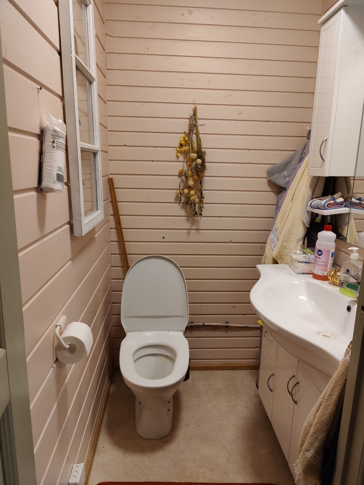A compact bathroom is displayed, featuring a white toilet and a sink with a mirror above. Light-colored walls are adorned with a small decorative item. A roll of toilet paper is visible, along with various toiletries on the sink counter.