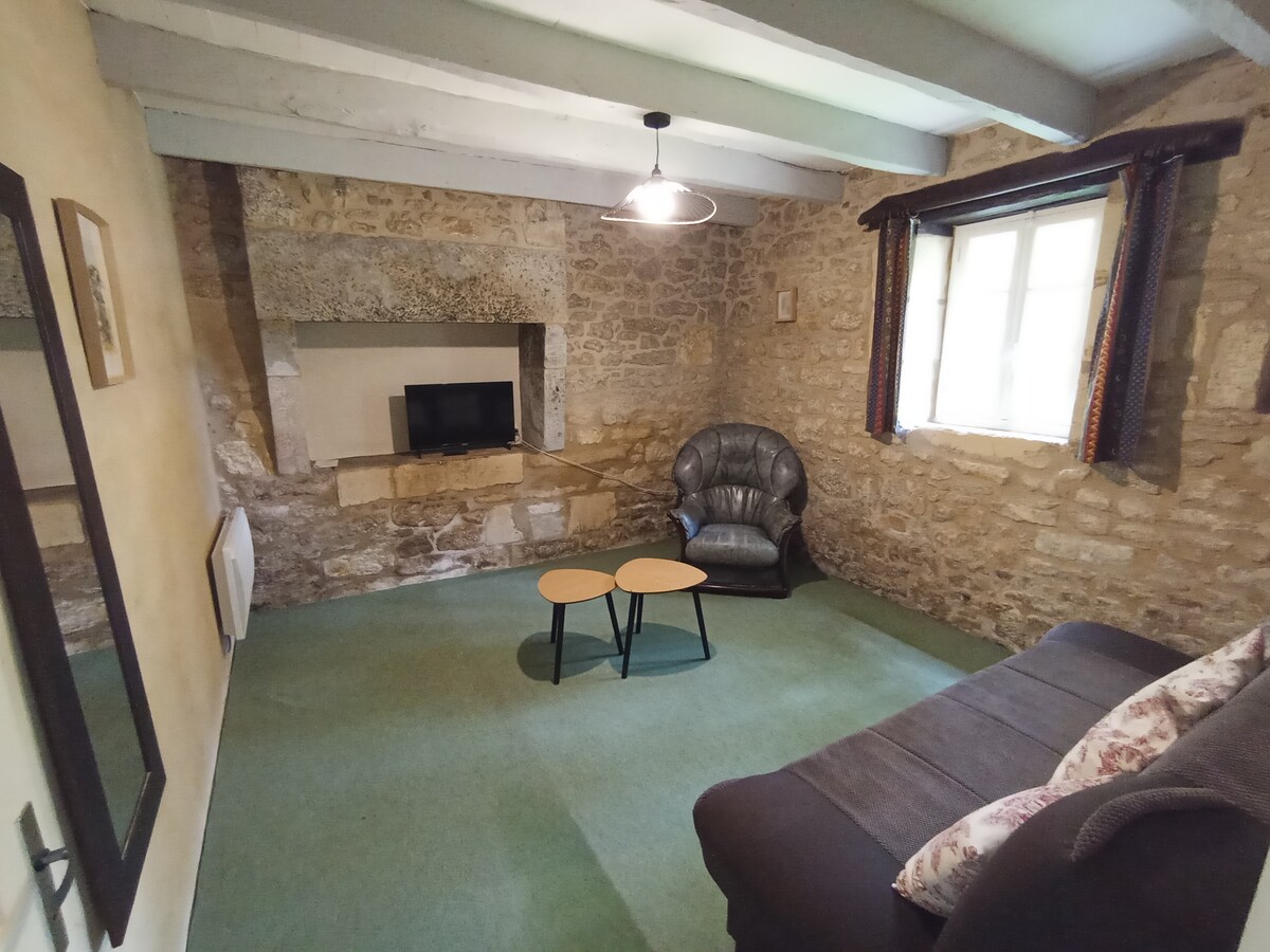 Sala de estar con TV, sillón y sofá. El sofá es convertible, posibilidad de proporcionar ropa de cama para una cama adicional.