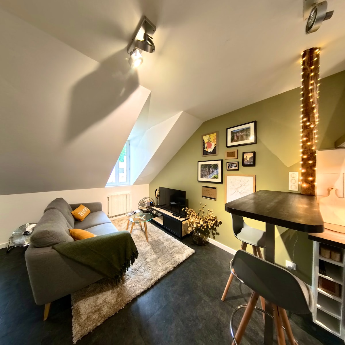 A cozy living area features a gray sofa with a throw blanket and a plush rug underfoot. A low table stands beside a television, with framed art adorning the walls. Natural light filters in through an angled window, enhancing the space.