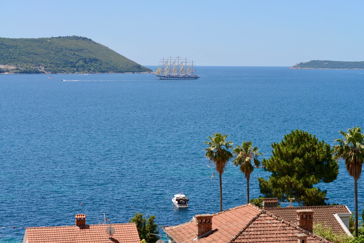 A panoramic view features clear blue waters with a sailing ship in the distance. Lush green hills outline the horizon, while palm trees frame rooftops below, creating a serene coastal landscape.