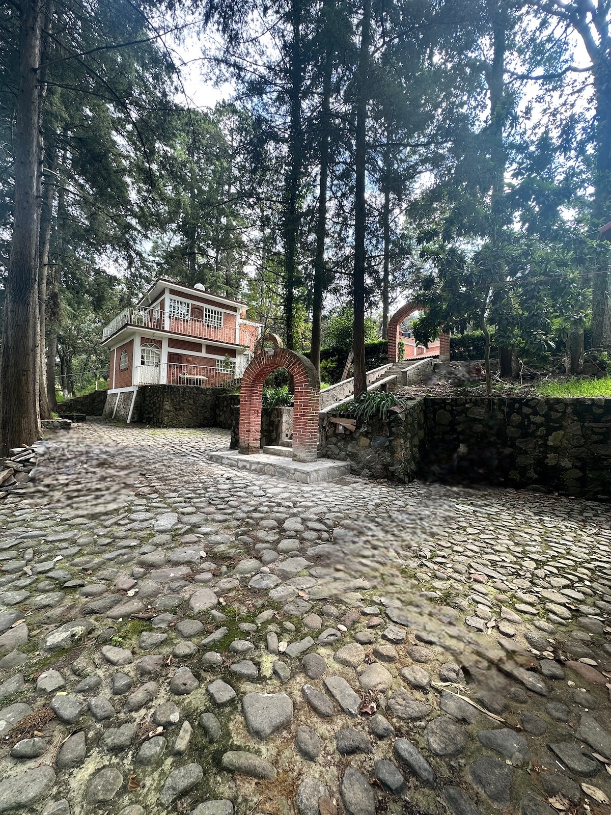 A cobblestone pathway leads to a charming two-story cabin surrounded by towering trees. A red-brick archway provides an inviting entrance to the yard, where nature is embraced by the lush greenery. The tranquil setting encourages relaxation away from city life.