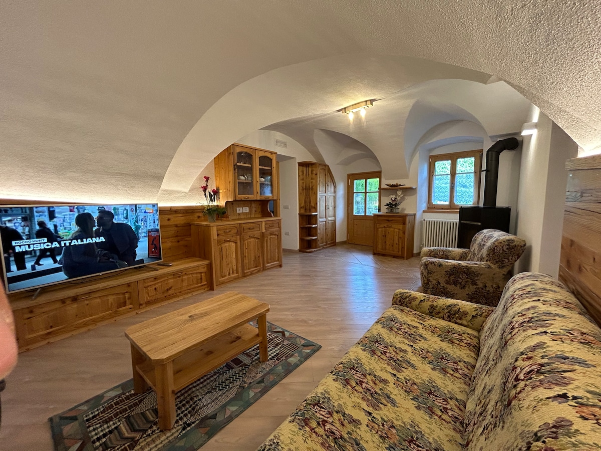 A spacious living area features a large television mounted on the wall, complemented by wooden cabinetry. A comfortable sofa with a floral pattern is positioned around a wooden coffee table. Light streams in through multiple windows, illuminating the room's warm tones and inviting atmosphere.