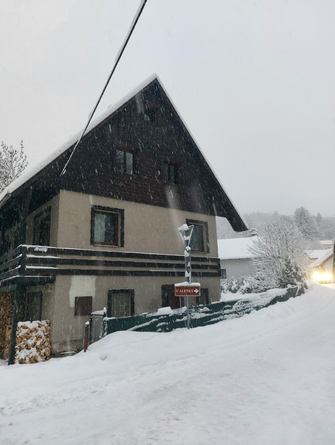 A three-story chalet is set against a snowy backdrop, showcasing a combination of dark wooden accents and light-colored walls. Snow covers the ground and rooftops, creating a serene winter scene. Street lamps and surrounding trees are partially obscured by falling snowflakes, enhancing the tranquil atmosphere.