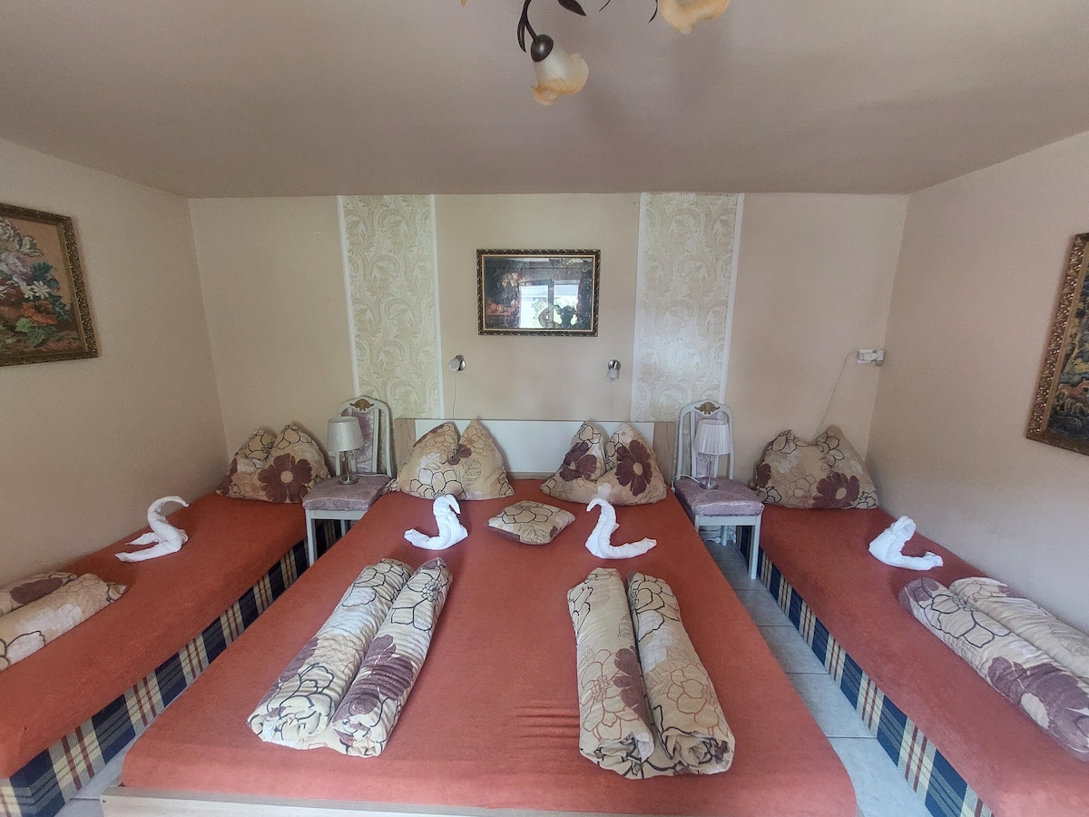 A spacious room features four beds arranged with decorative pillows and towels shaped like swans. Two chairs are positioned against the wall adorned with framed artwork. Natural light illuminates the room through a window, enhancing the inviting and relaxing ambiance.