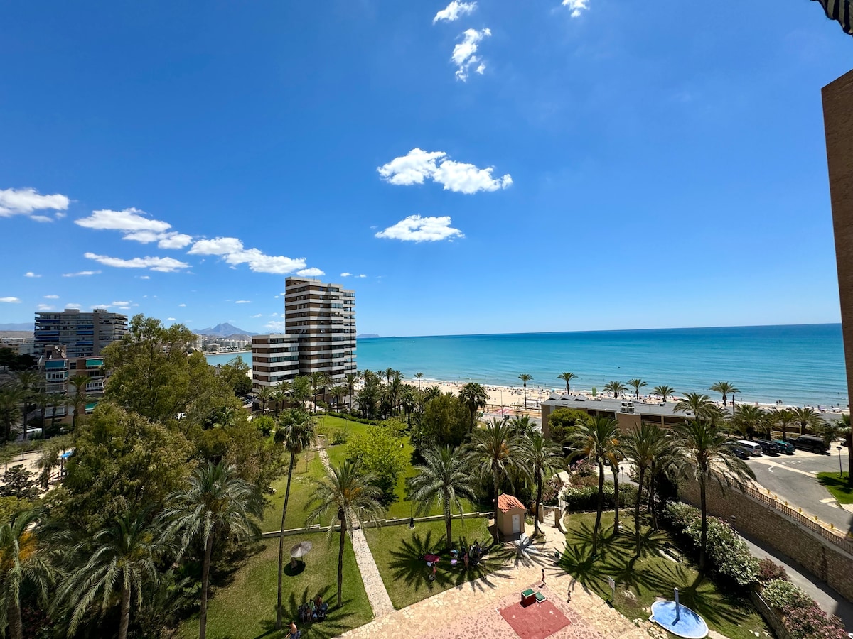 A vibrant view is captured from a balcony overlooking the beach of Muchavista. Lush palm trees line the foreground, complemented by manicured gardens. The serene blue water stretches towards the horizon, while the sandy beach is visible along with nearby buildings under a clear sky.