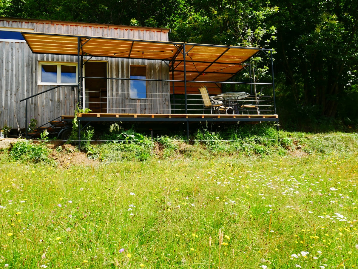 The exterior of the tiny house is showcased, featuring a wooden facade and a spacious terrace with a pergola. Two chairs and a small table are positioned on the terrace, surrounded by lush greenery and wildflowers in the meadow below.