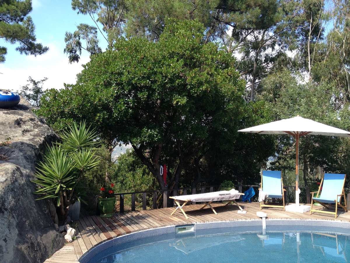 A serene outdoor pool area features a circular pool surrounded by wooden decking. Comfortable loungers and a shaded seating area are positioned under a large umbrella, complemented by lush greenery and a large tree in the background, creating a peaceful retreat.