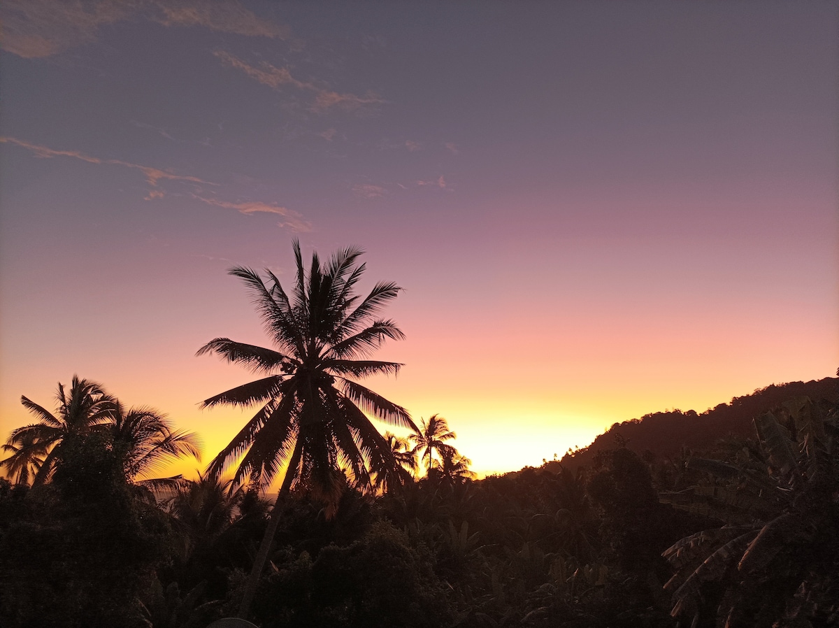 A serene sunset scene is portrayed, with silhouettes of palm trees against a gradient sky transitioning from soft pink to deep purple. The horizon is gently illuminated, suggesting a peaceful evening atmosphere amidst lush greenery.