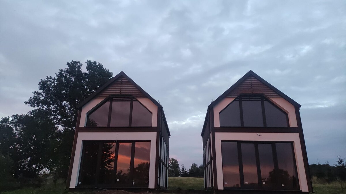 Two modern cabins are portrayed side by side, featuring large glass windows that reflect the evening sky. Dense greenery surrounds the structures, and subtle hues of sunset are visible in the reflections, complementing the tranquil ambiance of the natural setting.