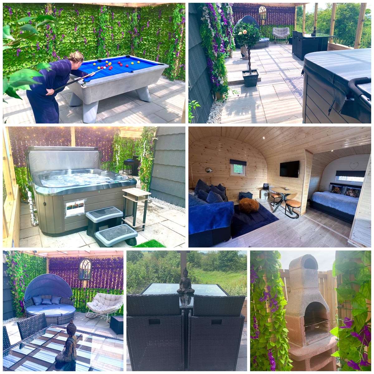 An entertainment area is seen, featuring a pool table and seating arrangements surrounded by greenery. A spacious electric jacuzzi is positioned nearby, with a cozy lounge featuring plush seating. A stone BBQ and pizza oven are present, under a high glass balustrade offering weather protection.