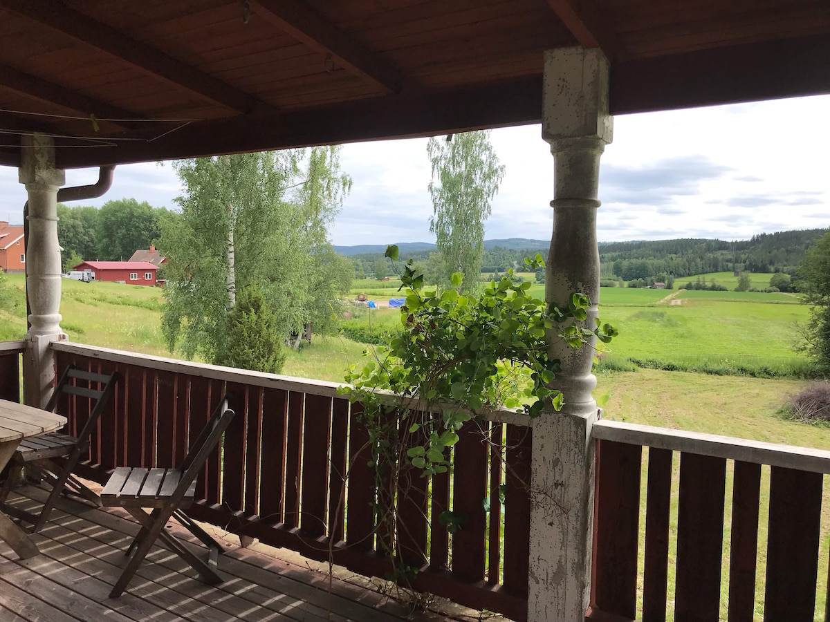 A view from a covered porch, showcasing a green landscape dotted with trees and distant hills. The wooden railing and support columns frame the scene, while a wooden table and chairs provide seating. Soft clouds hover in a gray sky above the countryside.