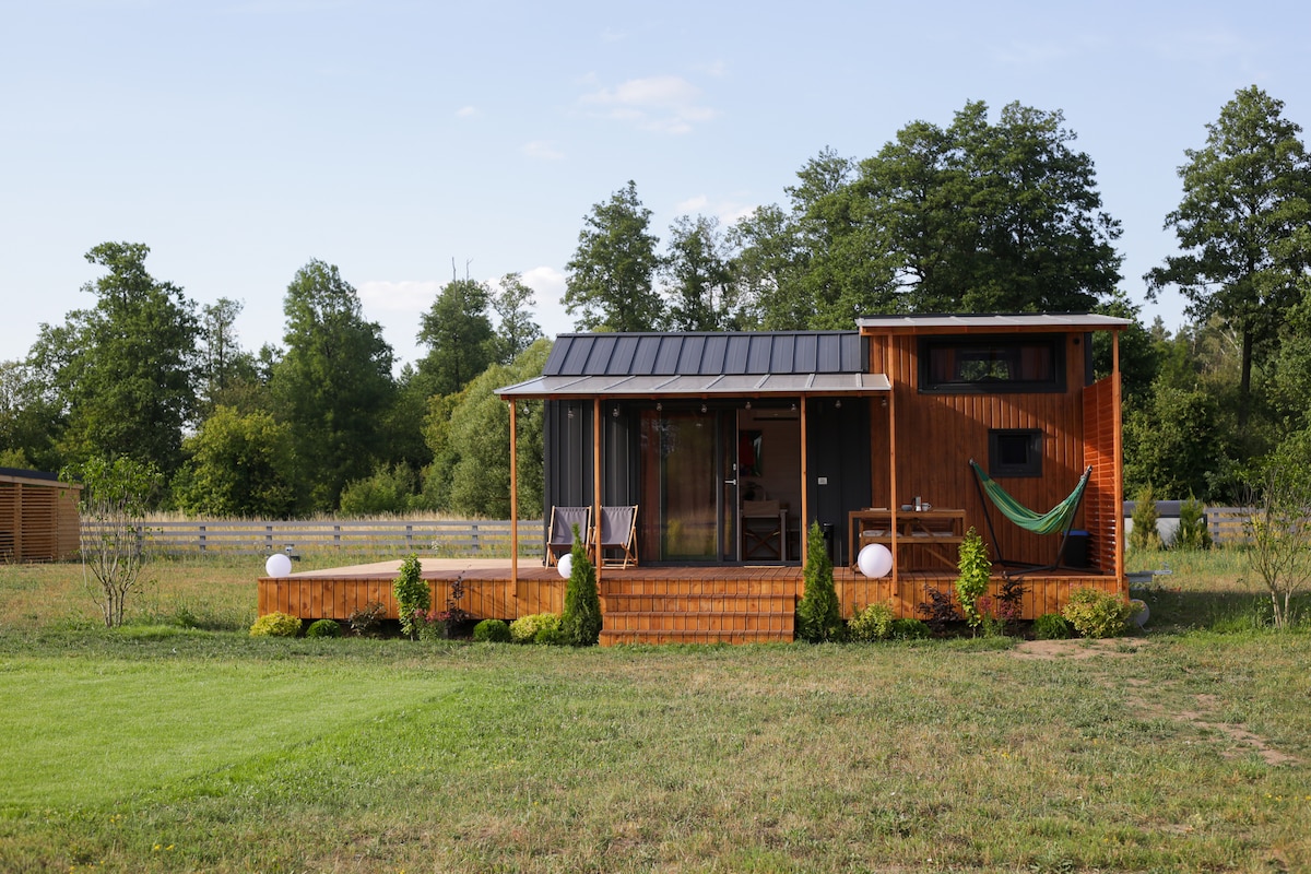 A wooden cabin is set against a backdrop of green trees, featuring a front porch with seating. A hammock is visible on the side, with two spherical lights providing illumination. The cabin's large glass doors invite natural light into the interior.