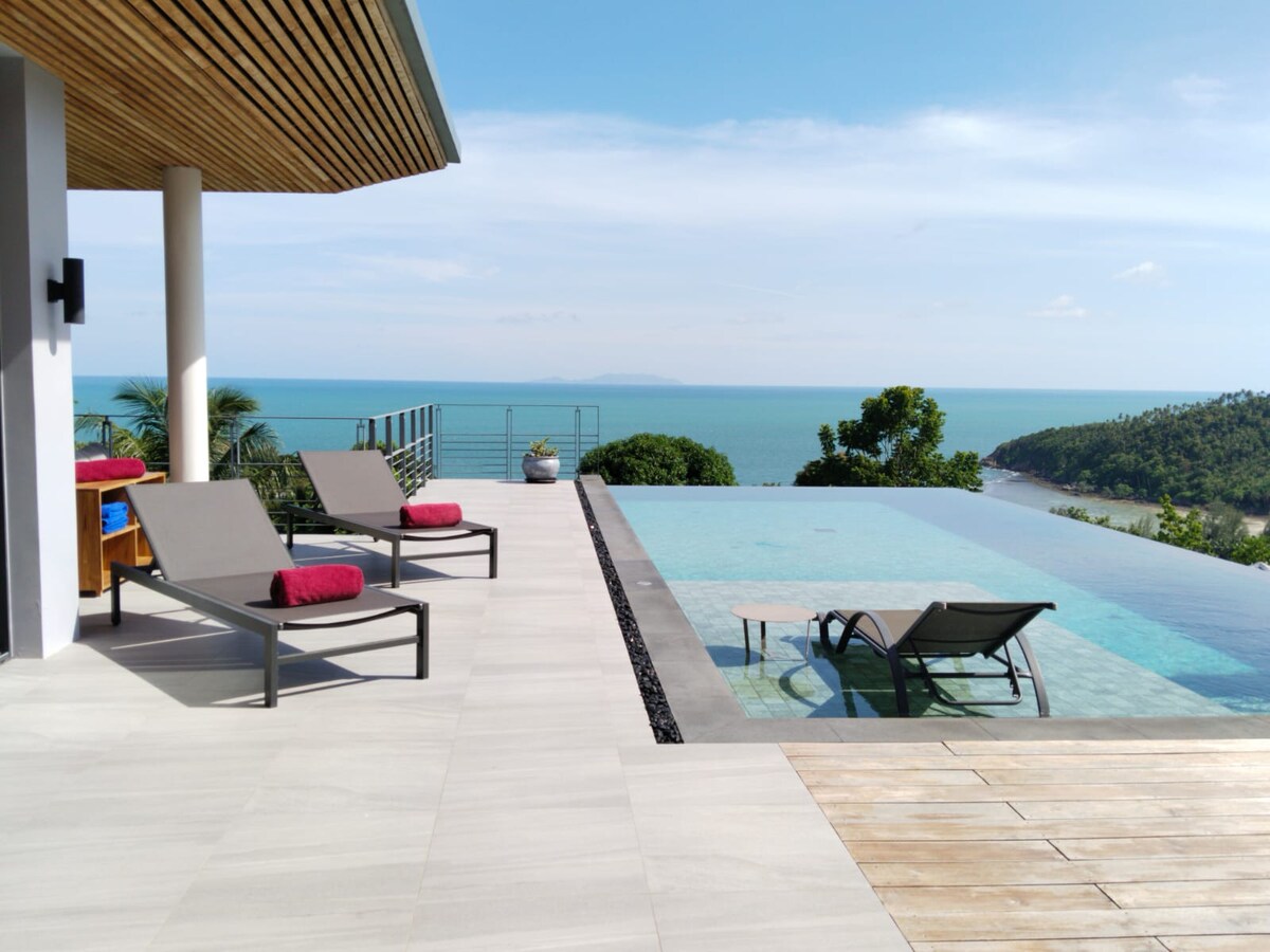 An infinity pool stretches to the edge of the patio, offering panoramic views of the sea. Two sun loungers equipped with cushions are positioned beside the pool, while lush greenery frames the scene. The tranquil atmosphere invites relaxation under the clear blue sky.