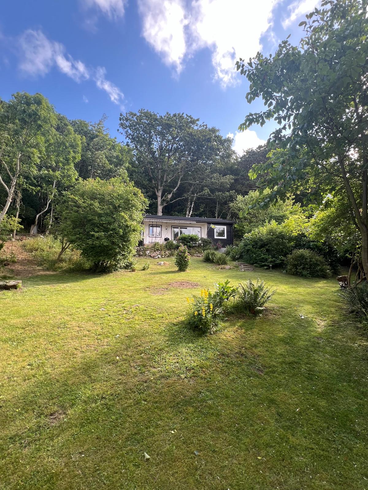 A cabin is set amidst a lush garden with varied greenery, framed by trees. The structure features large windows that allow natural light to fill the interior. The expansive lawn is maintained, with a few shrubs and flower beds, creating a serene outdoor environment.