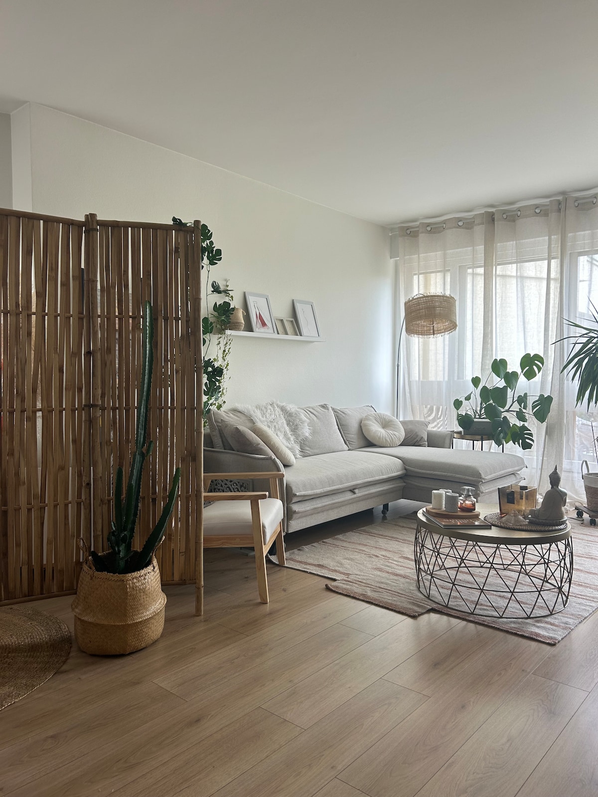 The living area features a light-colored sofa adjacent to a decorative partition, with houseplants adding greenery. A circular coffee table complements a natural fiber rug. Soft lighting from a woven pendant and windows creates a bright atmosphere, highlighting the wooden flooring.