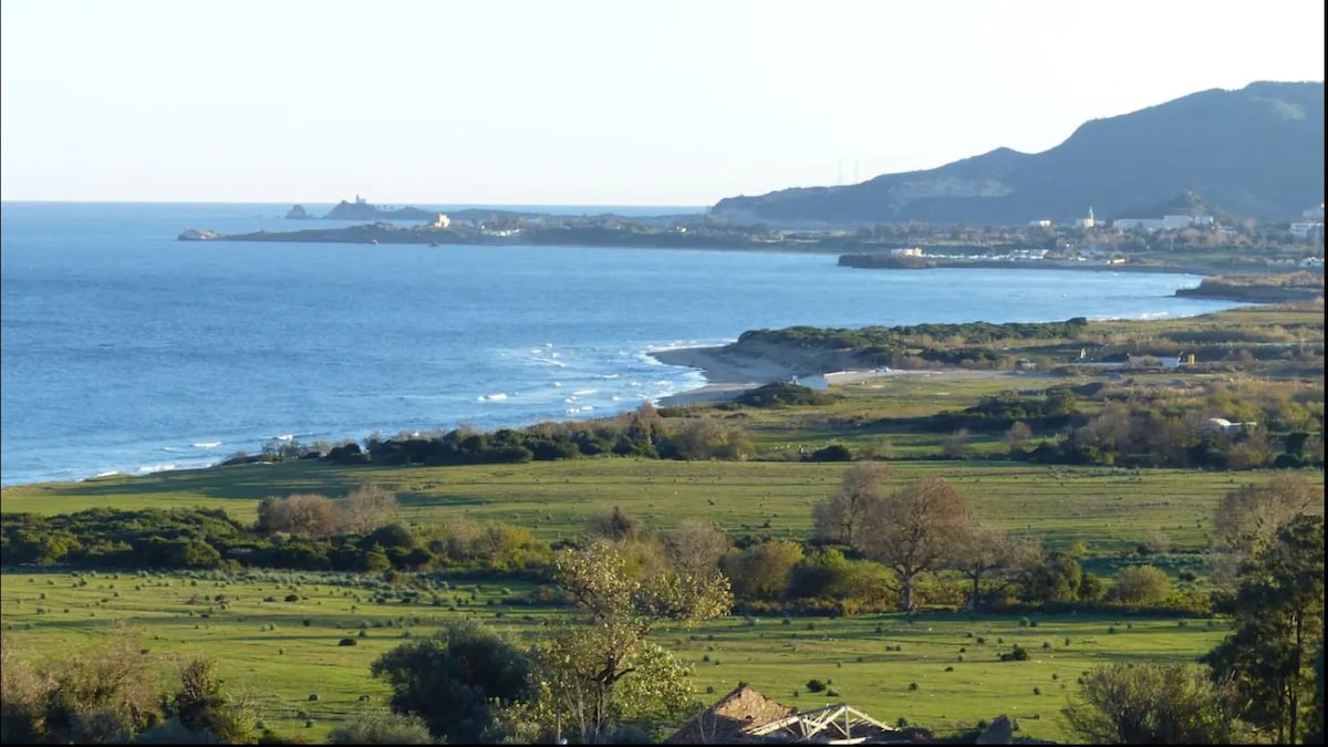 A sweeping view of the coastline and surrounding landscape, featuring rolling green fields that lead to the blue sea. The horizon showcases both land and water, with gentle waves visible along the shore under a clear sky.