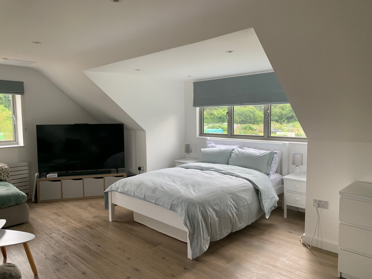 The studio features a spacious bed with soft linens, complemented by a large television and modern storage units. Natural light enters through two large windows, enhancing the bright and airy feel of the room, while views of the surrounding greenery can be glimpsed outside.