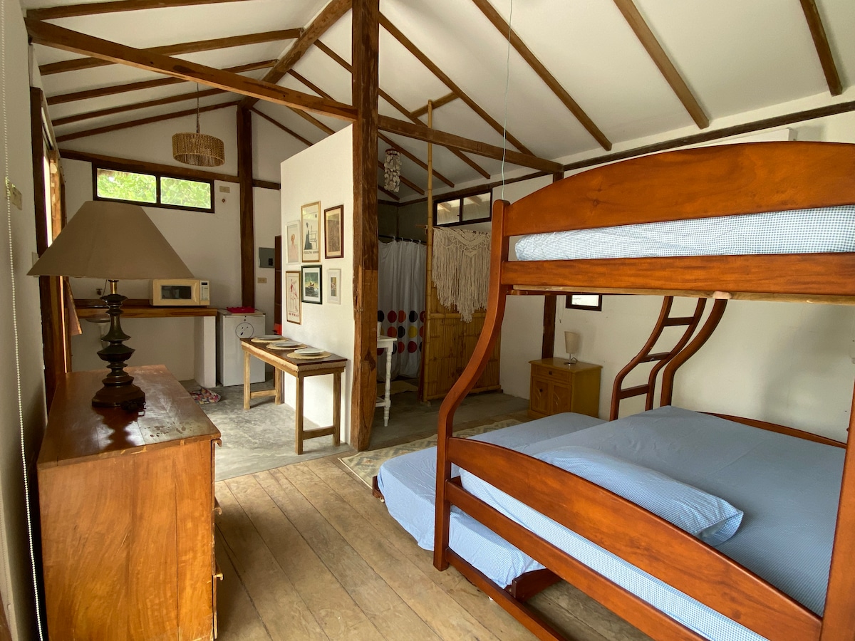 A welcoming bedroom features a wooden bunk bed and a spacious single bed, both adorned with light blue bedding. A rustic wooden dresser and a lamp are present, while artwork and decorative elements add character to the room. Natural light filters through the windows.