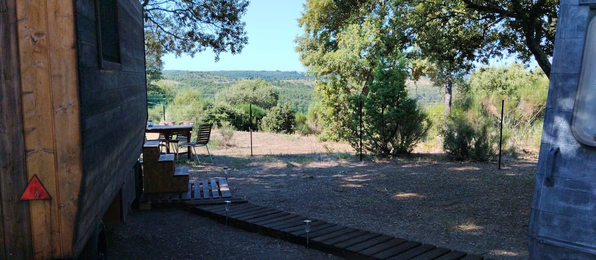 A wooden pathway leads from the roulotte to a grassy outdoor area, enclosed by a wire fence. Several trees provide shade, and a wooden table with benches, suitable for outdoor dining, sits nearby, surrounded by lush greenery and distant hills.