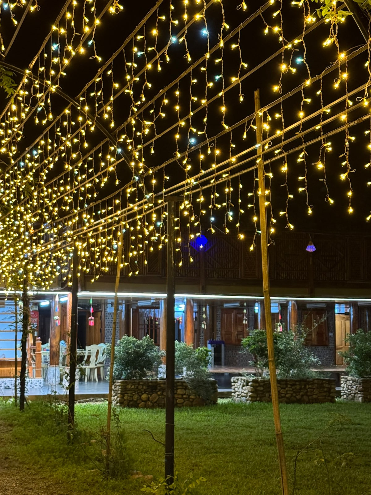 Warm light strings hang overhead, creating a soft glow over a green lawn. A structure with wooden accents is visible in the background, featuring a covered patio with seating. The area is well-lit, enhancing the peaceful ambiance.