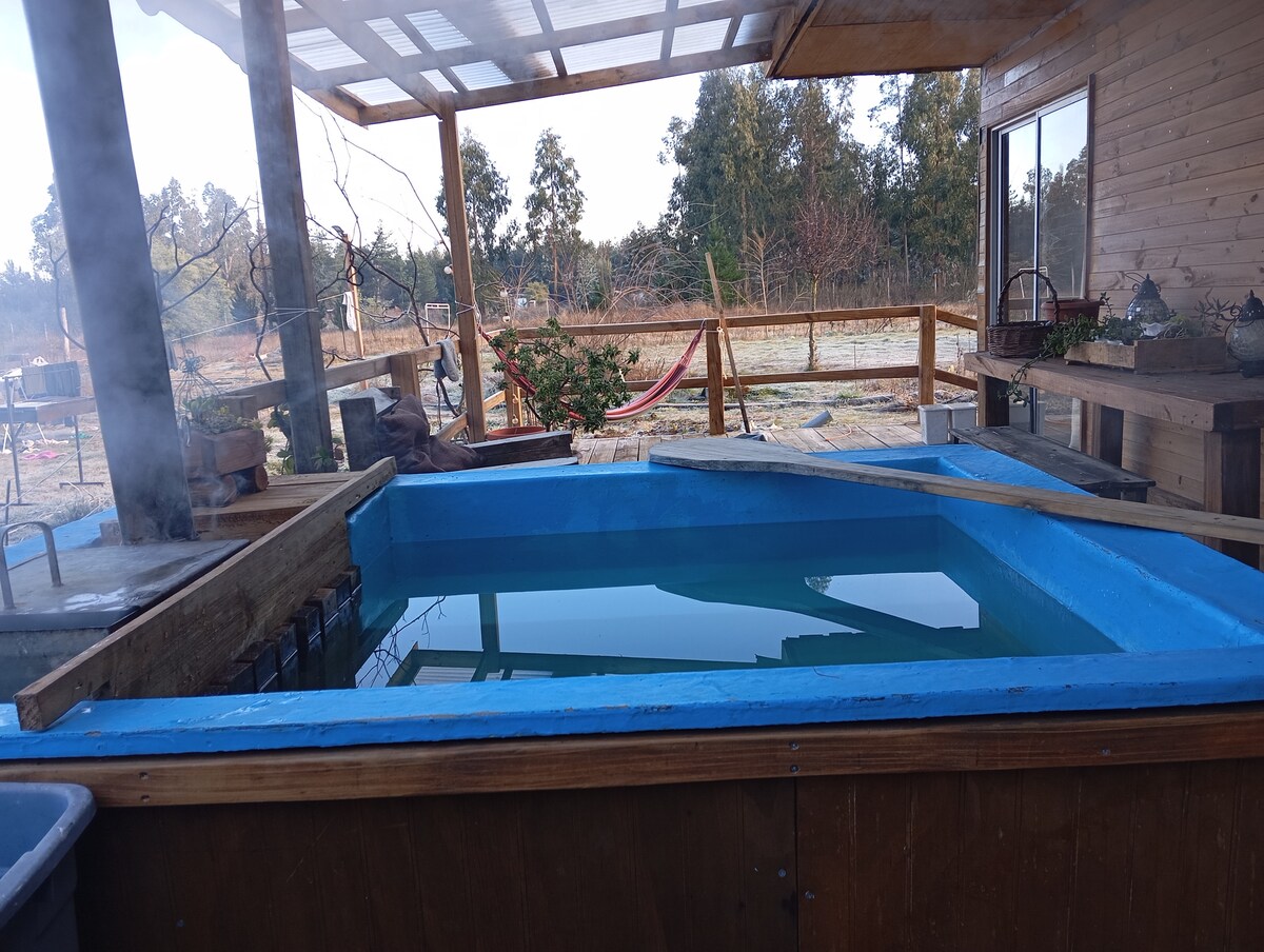 A wooden hot tub is positioned under a covered patio, featuring a vibrant blue trim. Mist rises from the water's surface, suggesting warmth. Lush greenery is visible in the background, with a hammock gently swaying nearby. Natural light filters through the patio's roof.