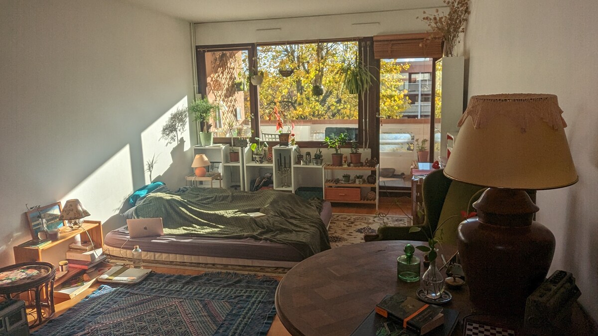 A bright room is illuminated by natural light filtering through large windows. A comfortable bed is surrounded by plants and decorative items. A desk with a laptop is positioned to one side, while eclectic lamps add warmth to the space.