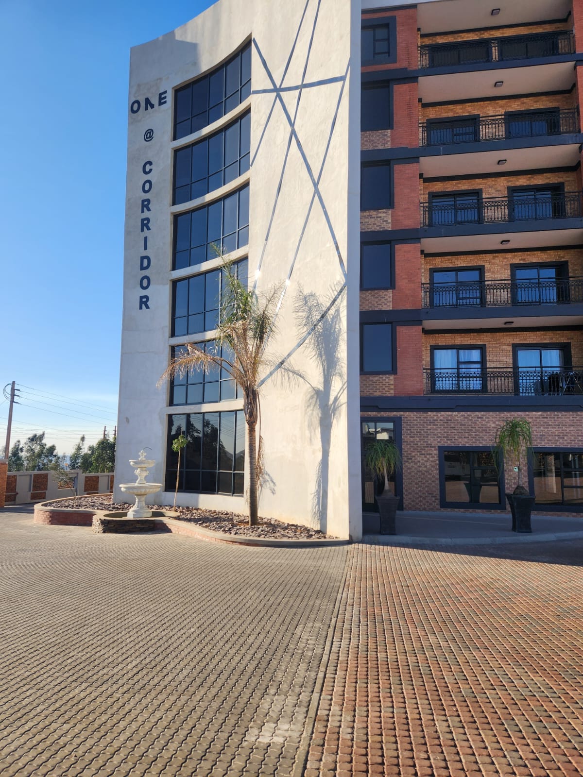The exterior of a modern building is presented, showcasing a clean, geometric design. Large windows reflect the surrounding area, and a decorative fountain is visible in the foreground. Paved flooring leads to the entrance, framed by palm trees and planters for an inviting touch.
