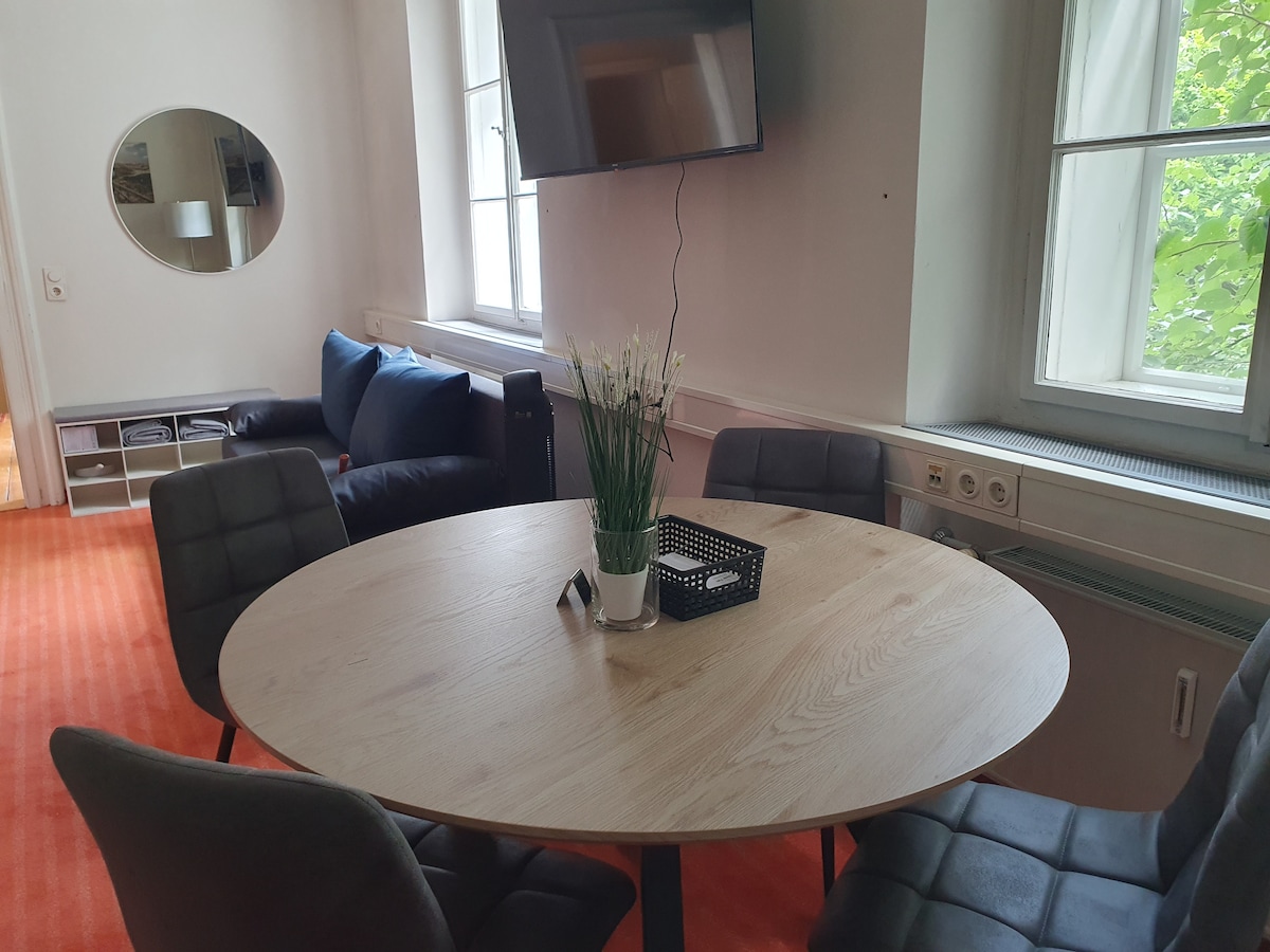 A round wooden dining table is surrounded by four black upholstered chairs. A plant sits at the table's center, complemented by a small decorative basket. A television is mounted on the wall across from a cozy seating area with a blue couch, while natural light filters through the tall windows.
