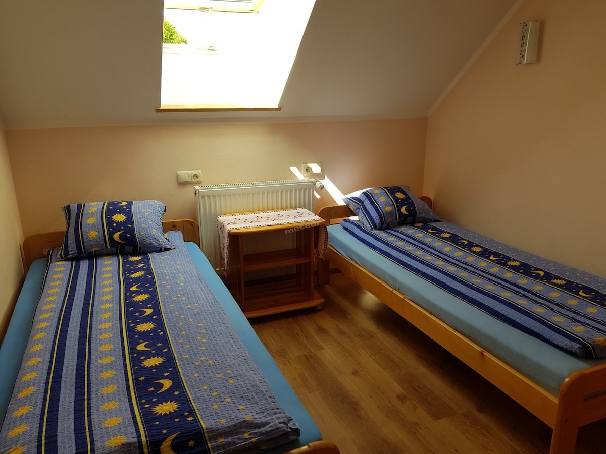 A room featuring two single beds with patterned blue bedding is illuminated by natural light from a skylight. A small wooden table alongside the beds provides a compact storage solution. The light-colored walls contribute to a spacious and inviting ambiance.