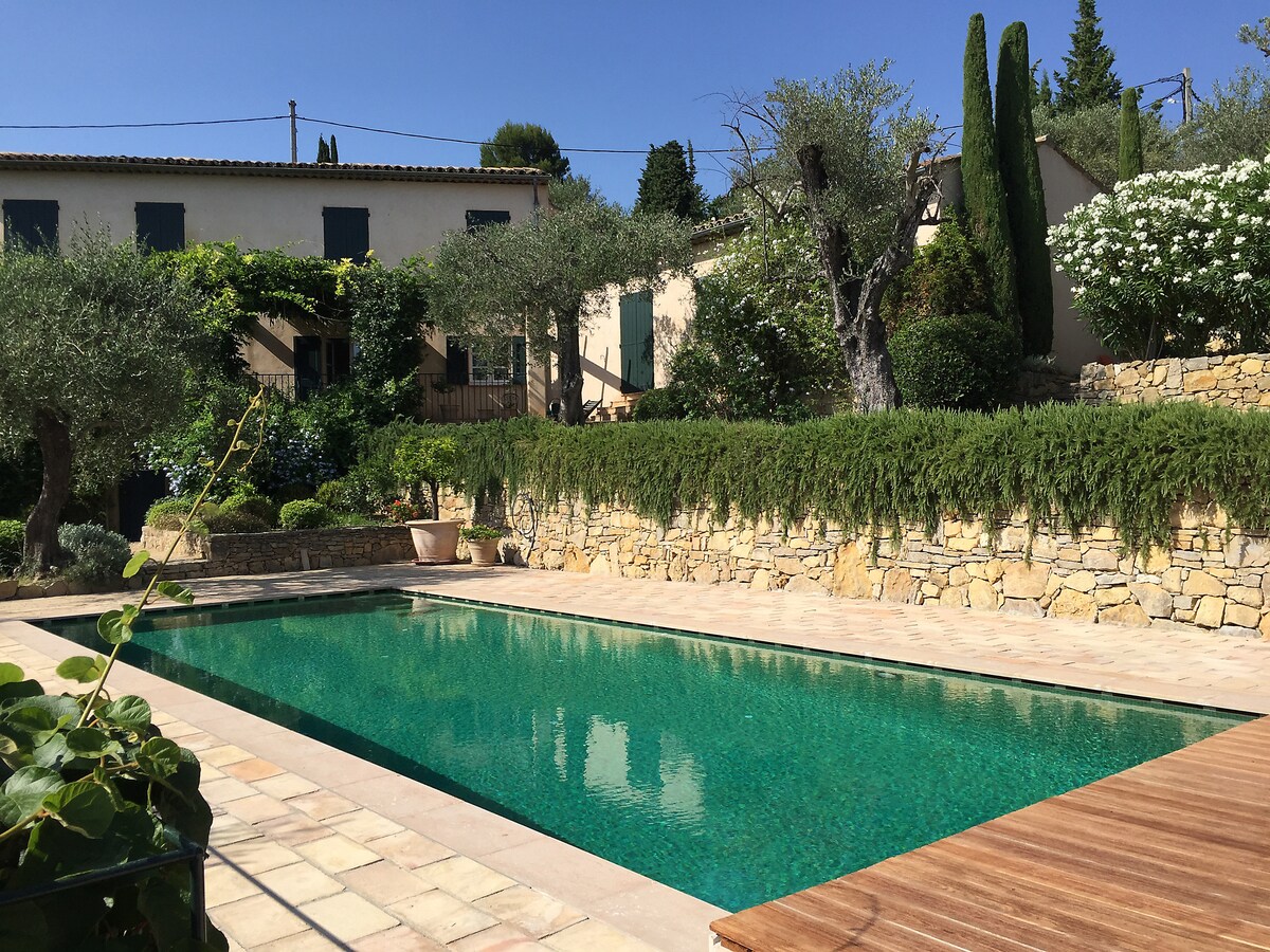 A serene outdoor area features a spacious swimming pool surrounded by natural stone tiles. Lush greenery, including olive trees, frames the pool. The backdrop includes a charming villa with several windows and flowering shrubs, enhancing the tranquil ambiance.