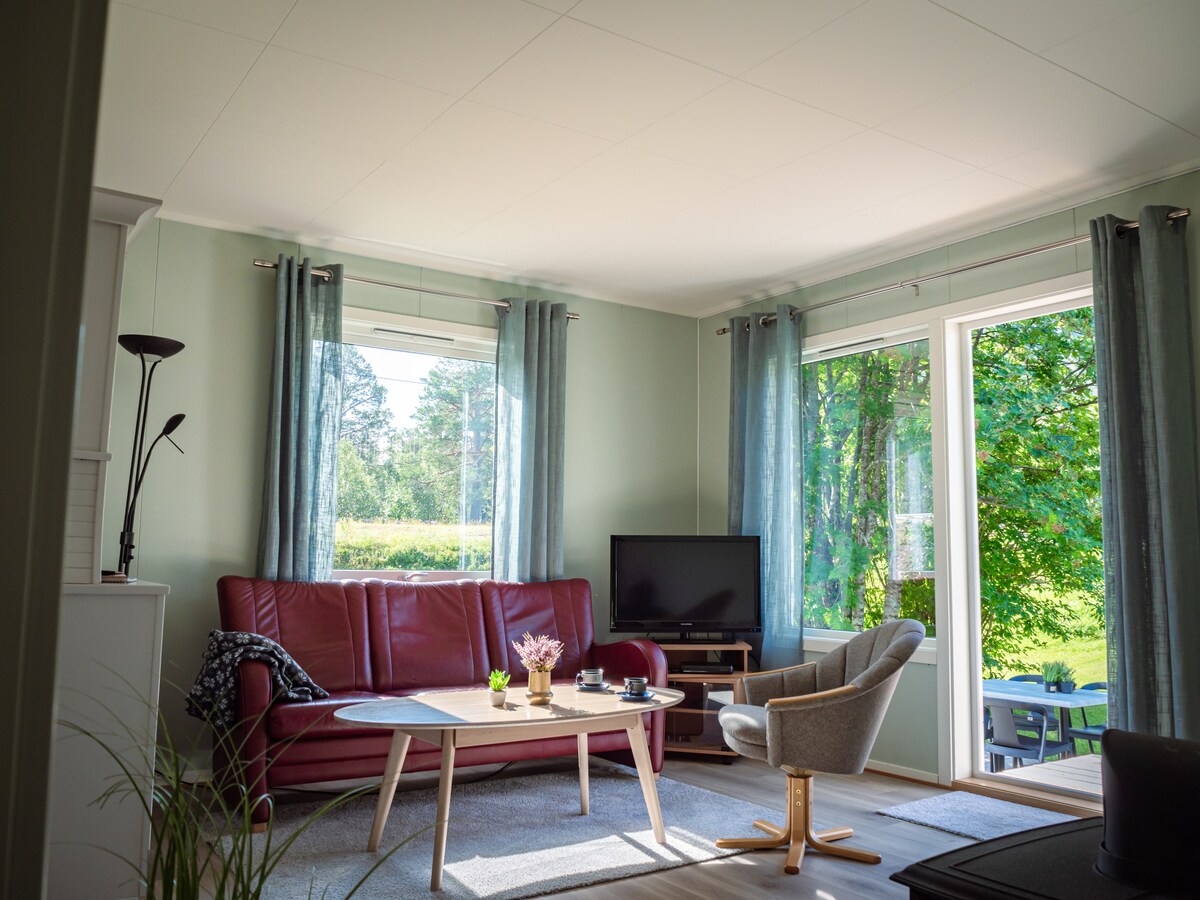 A living room area is furnished with a red leather sofa and a light armchair, situated near large windows that allow natural light to fill the space. A coffee table is placed in front of the sofa, while a television is positioned beside a cabinet.
