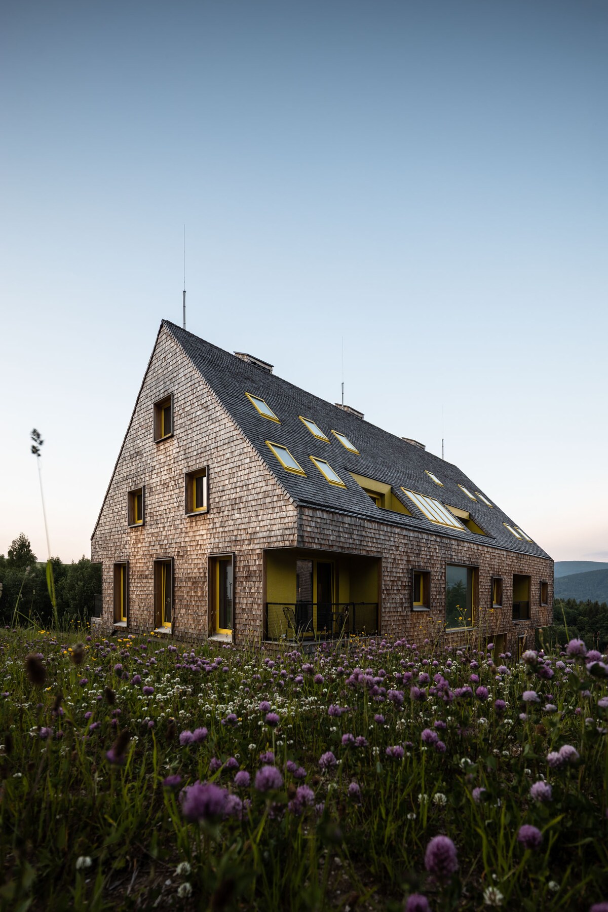 The modern mountain apartment is showcased amidst a field of wildflowers. Its distinctive triangular shape features a slate roof and numerous windows that reflect the soft evening light. Surrounding greenery contributes to a serene, natural setting.