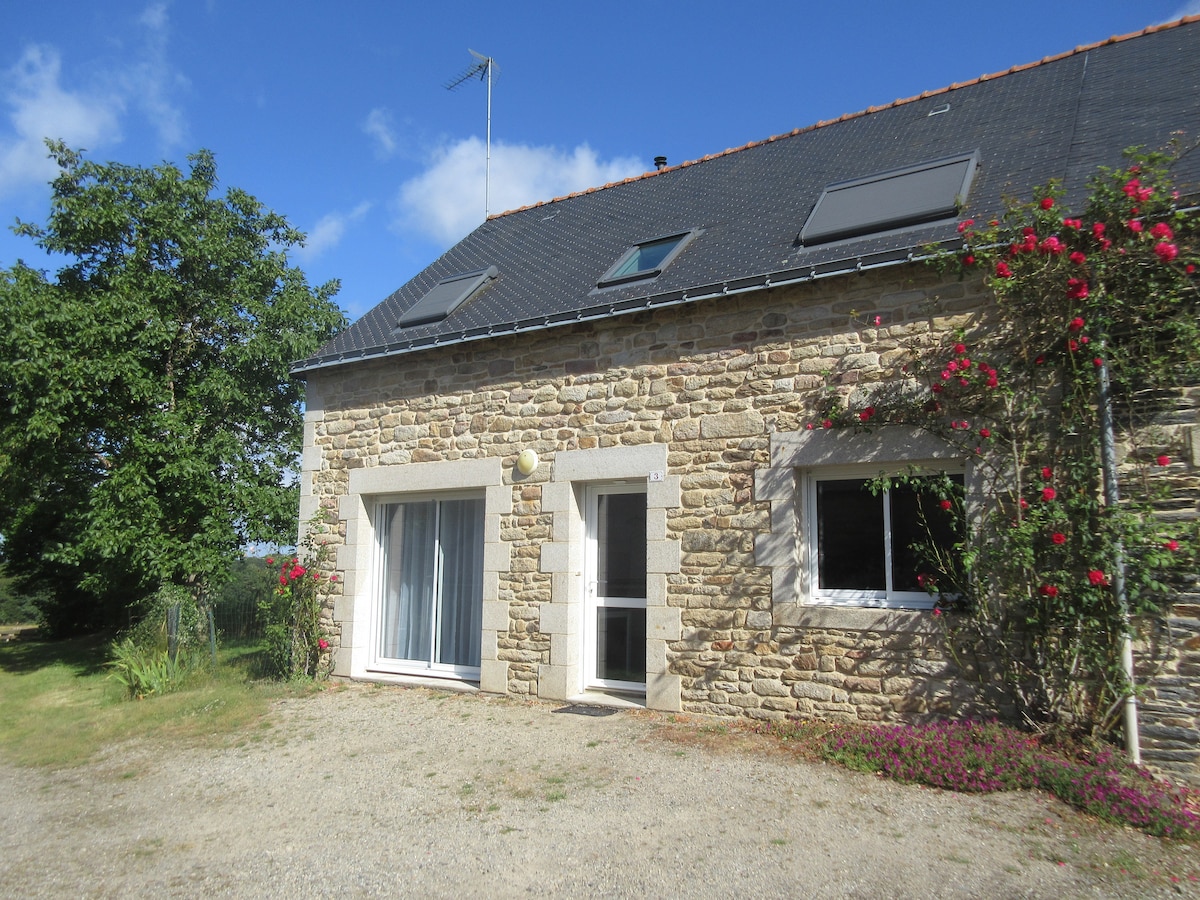 An exterior view of a stone-faced house is presented, featuring large glass doors that open to a garden area. Greenery surrounds the property, including a blooming rose bush and a tree. The roof is dark, contrasting with the light stone walls under a clear blue sky.
