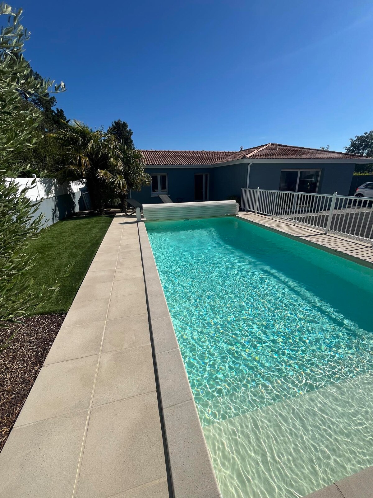 A heated swimming pool is shown with clear turquoise water, surrounded by a tiled deck. The pool area is framed by green grass on one side and landscaping with palm trees on the other. A light-colored house is visible behind the pool.