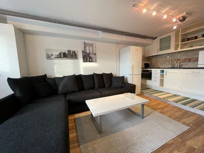 A spacious living area is equipped with a dark sectional sofa, complemented by a white coffee table positioned on a textured area rug. A kitchenette, featuring white cabinetry and a full-sized refrigerator, is visible in the background, enhancing the open layout.