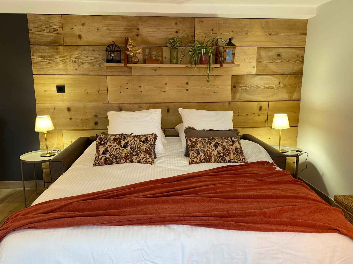 A spacious sleeping area features a wooden accent wall, complemented by decorative shelves and potted plants. A comfortable bed with layered bedding and accent pillows is flanked by two nightstands, each with a lamp, creating a cozy ambiance.