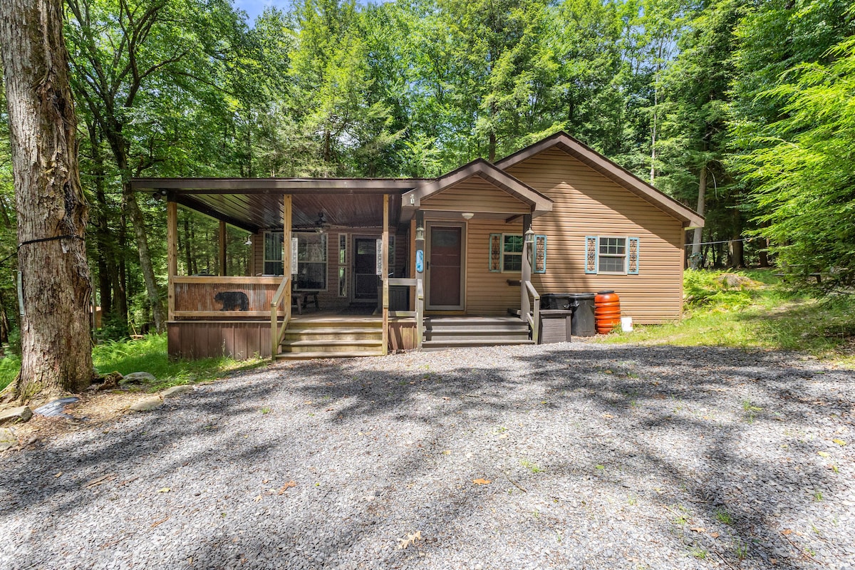 The exterior of the cabin is framed by lush green trees, showcasing a sturdy wooden porch with seating. A gravel driveway leads up to the entrance, with a solid entrance door and windows providing a glimpse into the living space. A trash bin is visible beside the porch.
