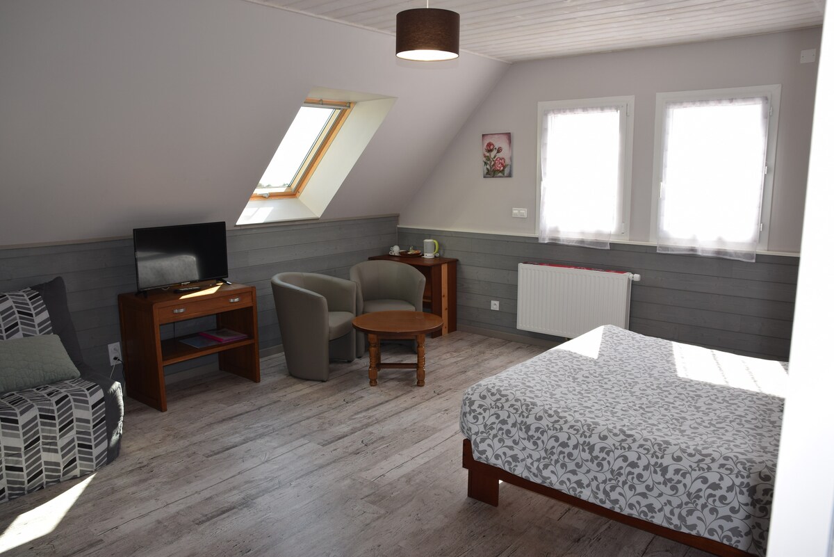 An airy room features a spacious bed adorned with a floral-patterned coverlet. Natural light enters through two windows with sheer curtains, enhancing the bright ambiance. A small wooden table and two armchairs are positioned next to a television and a charming wall decoration.