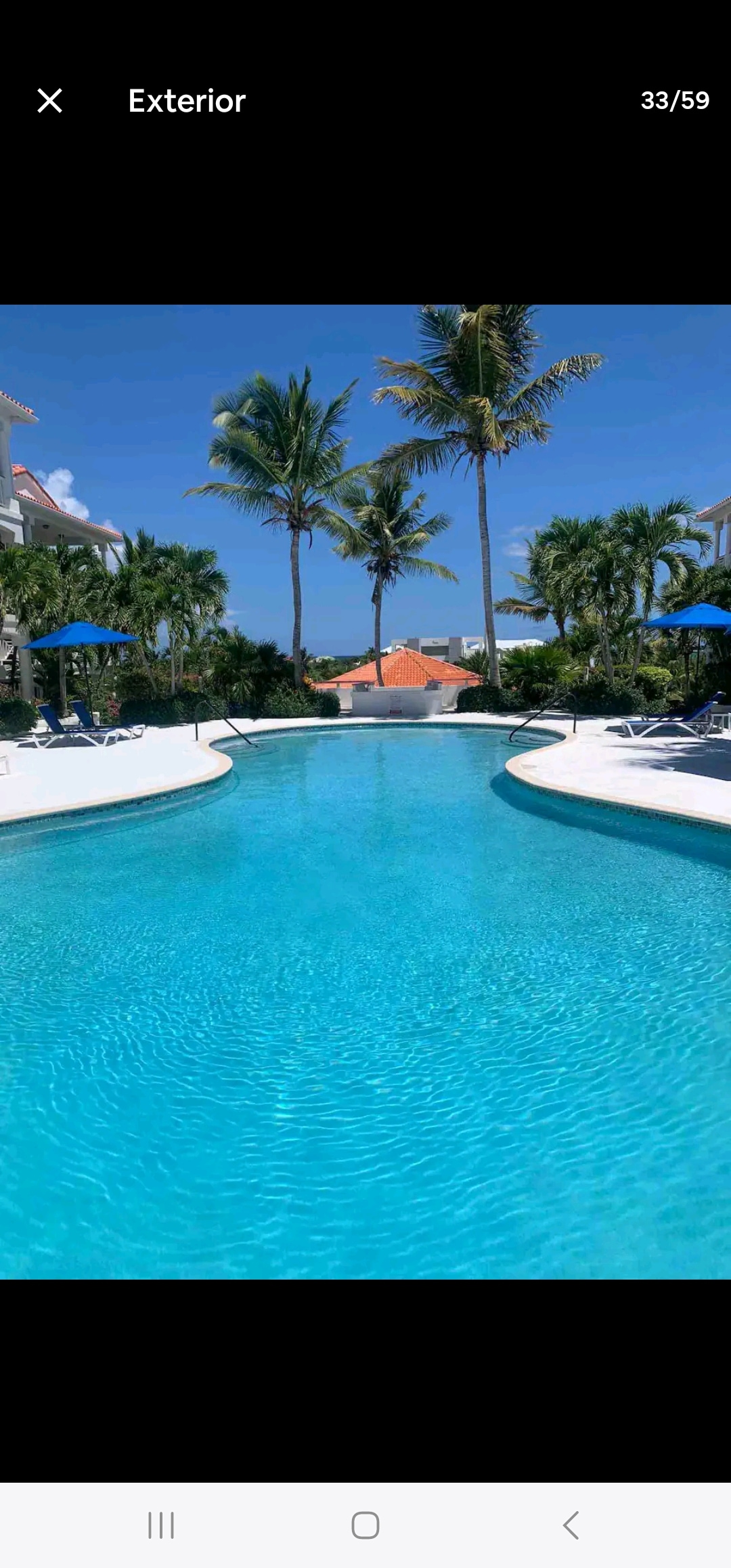 The image captures a serene pool area surrounded by tropical palm trees. Two curved pools create an inviting atmosphere, with lounge chairs placed around the edges. The clear blue water reflects the bright sky above, enhancing the relaxing outdoor space.