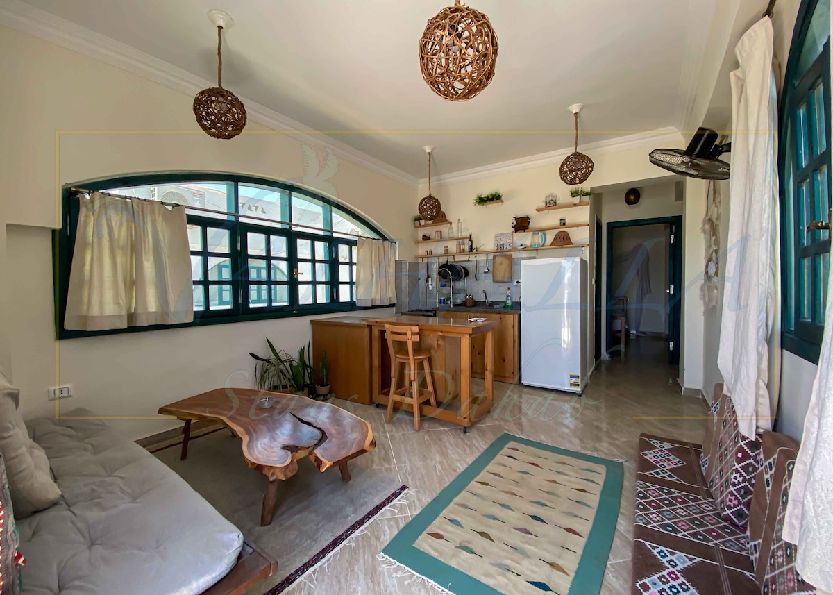 The living space features a wooden breakfast bar, a cushioned seating area, and a well-equipped kitchen. Natural light filters through large windows adorned with light curtains, creating a bright atmosphere. Decorative elements include hanging lights and potted plants, enhancing the setting.