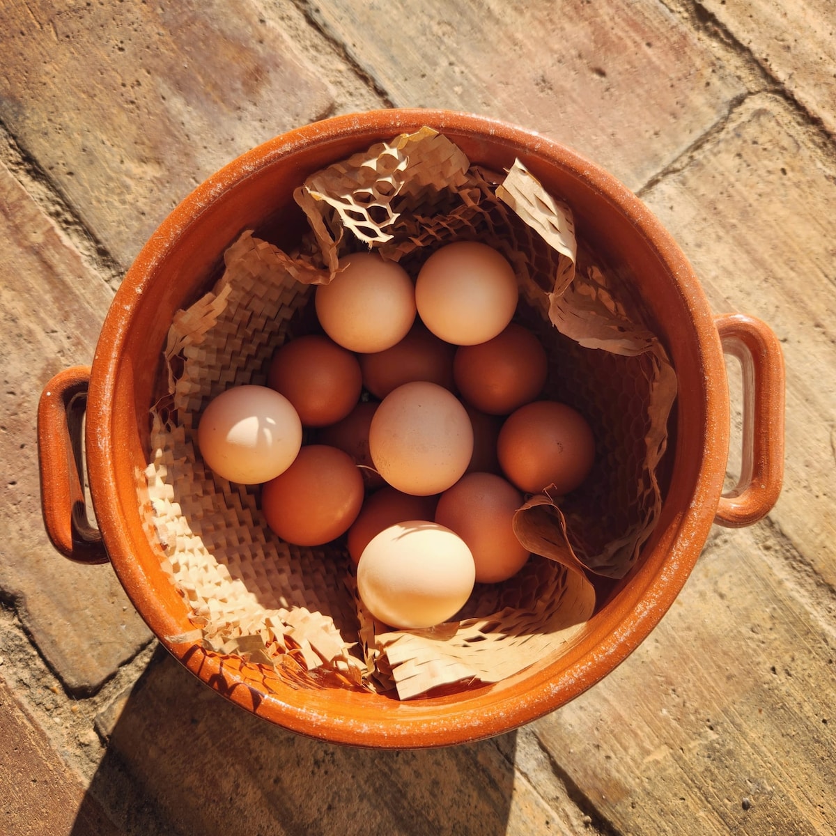 A terracotta bowl is filled with eggs ranging in shades from light cream to deep brown. The bowl is lined with natural material, enhancing the rustic presentation. The textured surface of the floor is visible beneath the bowl, adding warmth to the scene.