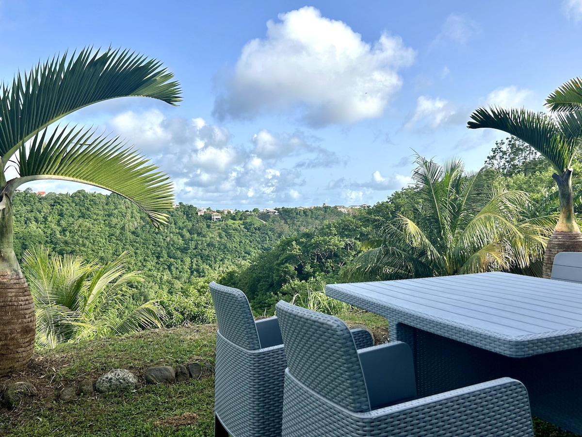 A spacious outdoor area features a light-colored dining table accompanied by several textured chairs. Lush greenery fills the landscape, with palm trees framing the scene. A clear sky with fluffy clouds enhances the tranquil setting overlooking the hills in the distance.