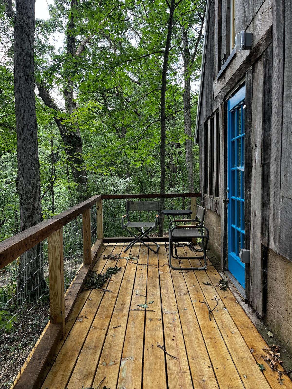 A wooden deck stretches alongside the cabin, surrounded by tall trees that offer a calming view of the forest. Two chairs are positioned near a bright blue door, inviting outdoor relaxation in a quiet natural setting.