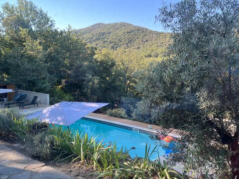 In the forest, exceptional setting, pool.