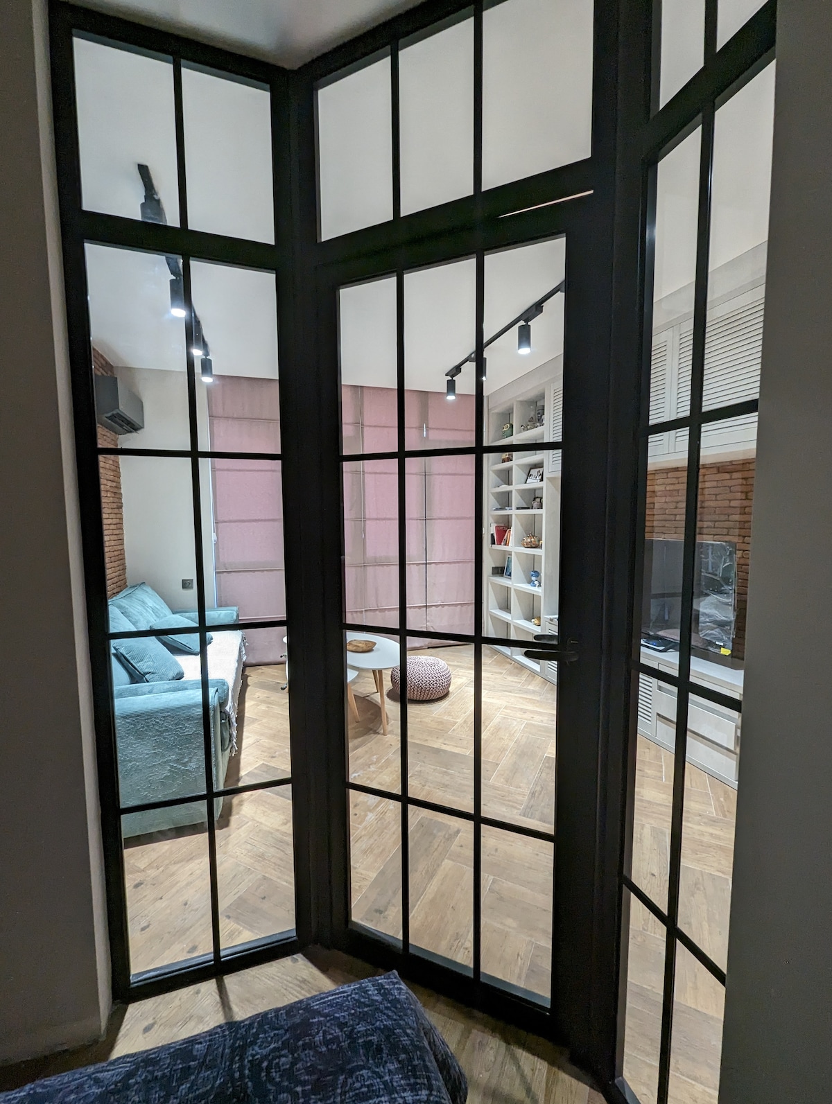 A glass-enclosed area with a modern design serves as an entrance to a living space. The room beyond features light wooden flooring, a teal sofa, and a coffee table. Shelving units and a television are visible, adding to the inviting ambiance.