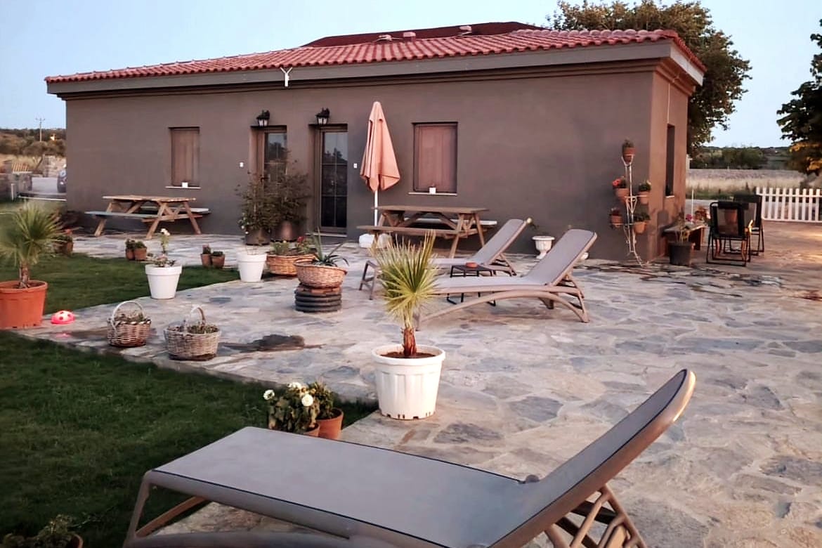 A spacious outdoor area is highlighted by several lounge chairs positioned on a stone patio. Potted plants and small trees are visibly arranged around the space. The building features two windowed doors and an umbrella for shade, with a fenced garden area in the background.