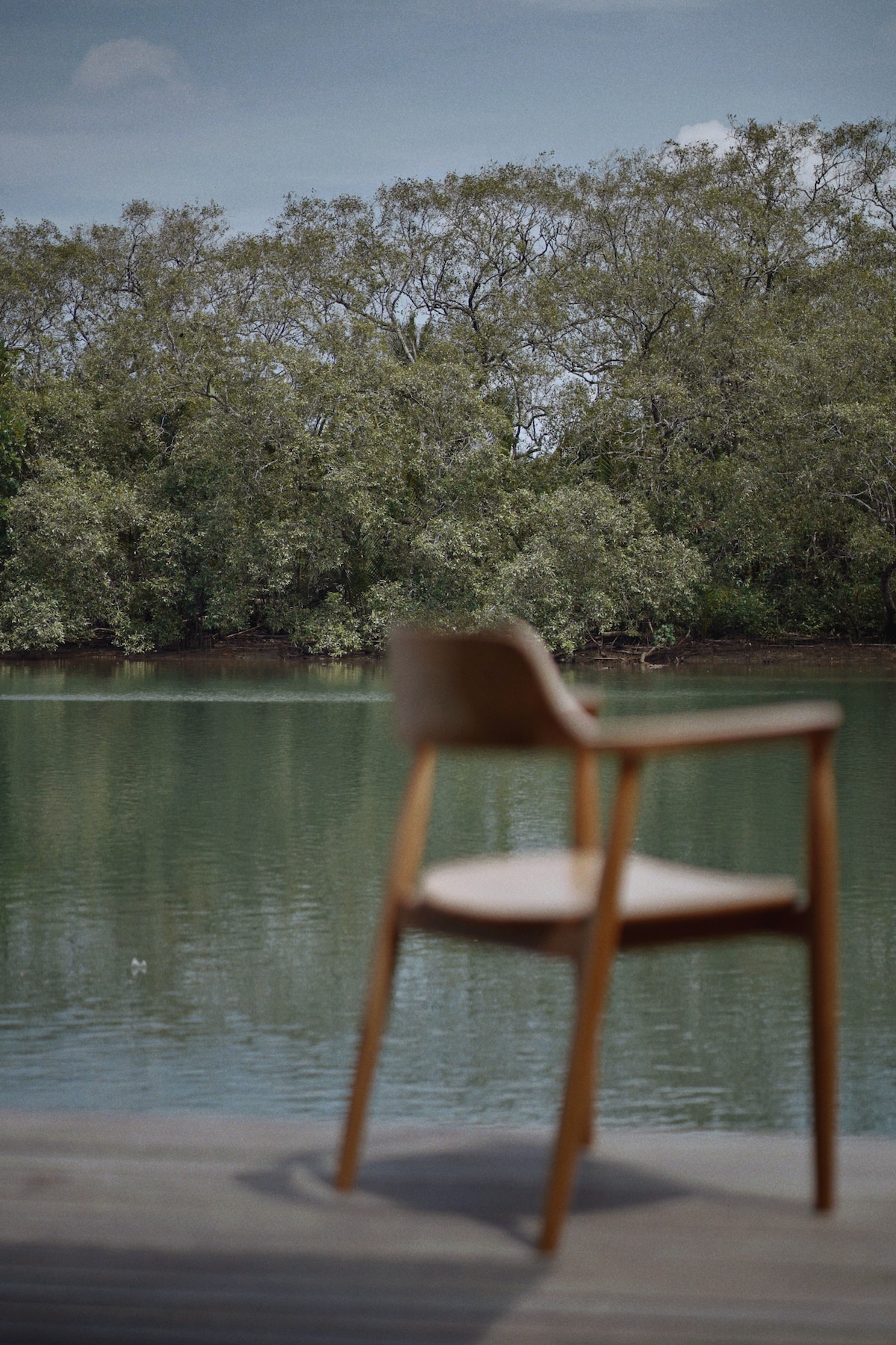A wooden chair is positioned near the water's edge, with a serene view of the river and lush greenery in the background. The still water reflects the surrounding trees, creating a calm and tranquil atmosphere.